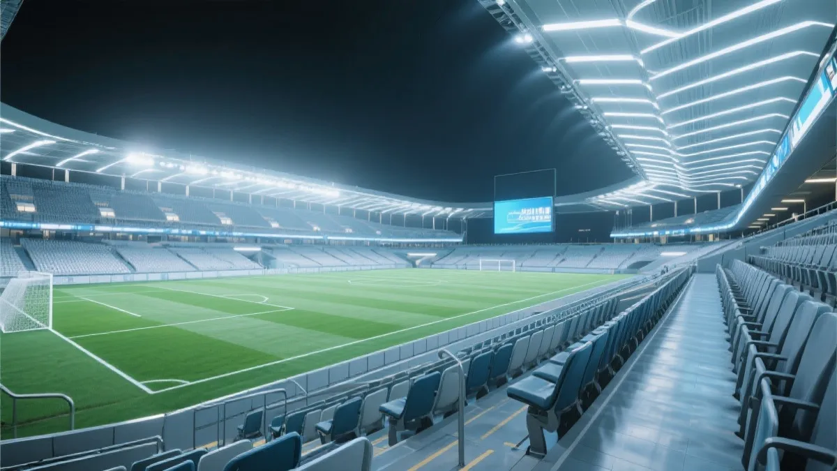 现代化球场内景，顶棚灯光与大屏幕，通道与座椅动线清晰，未来感